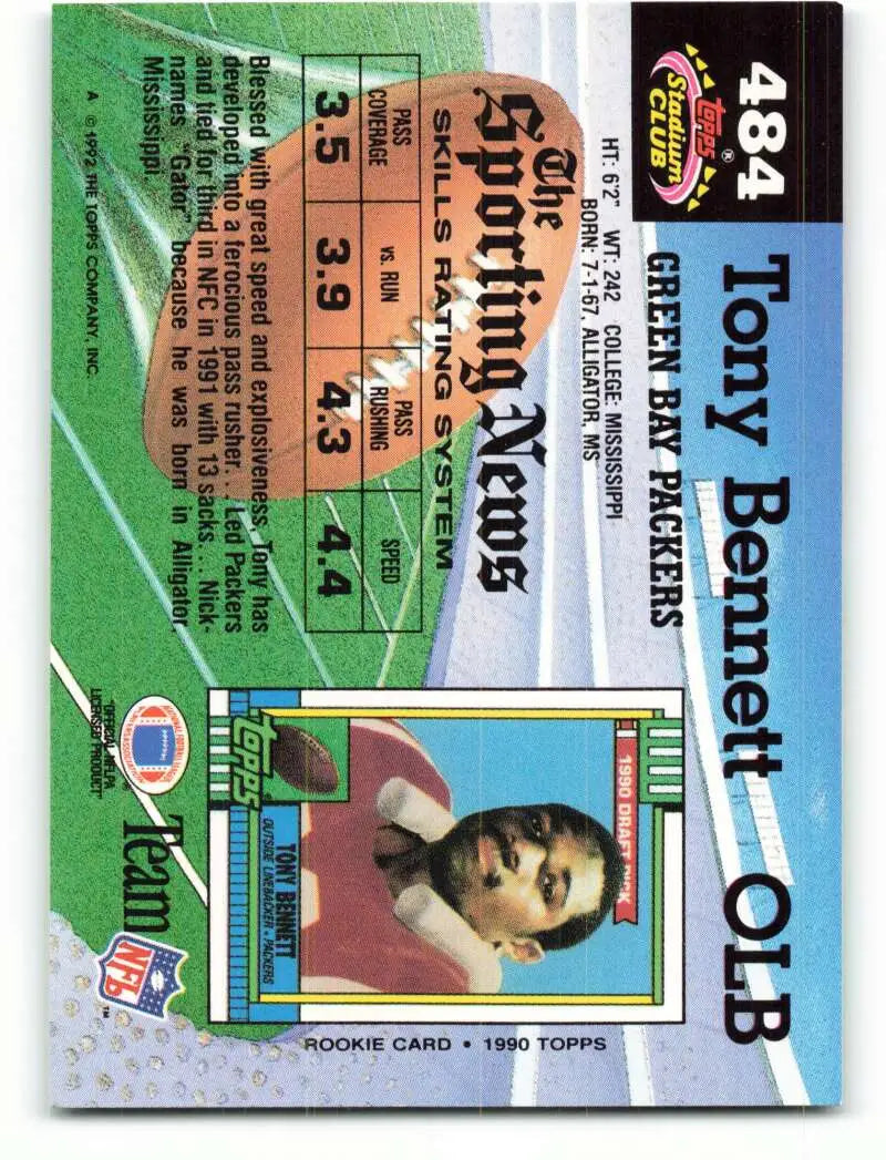 1992 Topps Stadium Club #484 Tony Bennett EX Excellent Green Bay Packers Football Card - Football Card Single