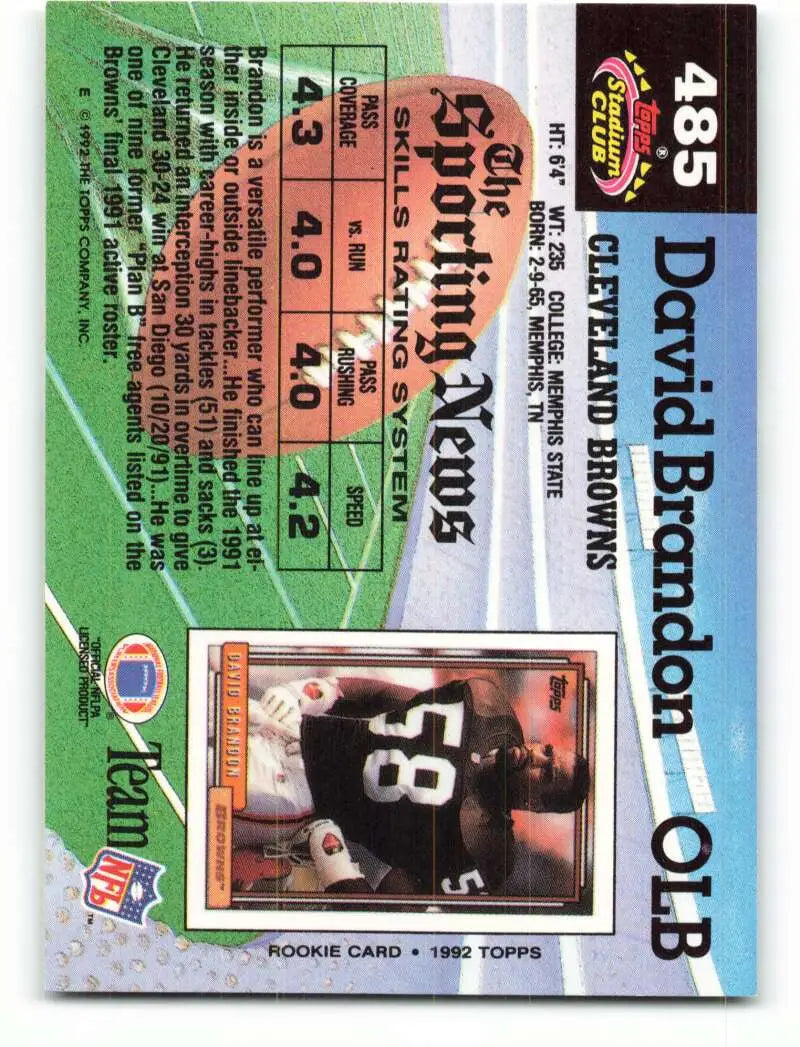 1992 Topps Stadium Club #485 David Brandon EX Excellent RC Rookie Cleveland Browns Football Card - Football Card Single