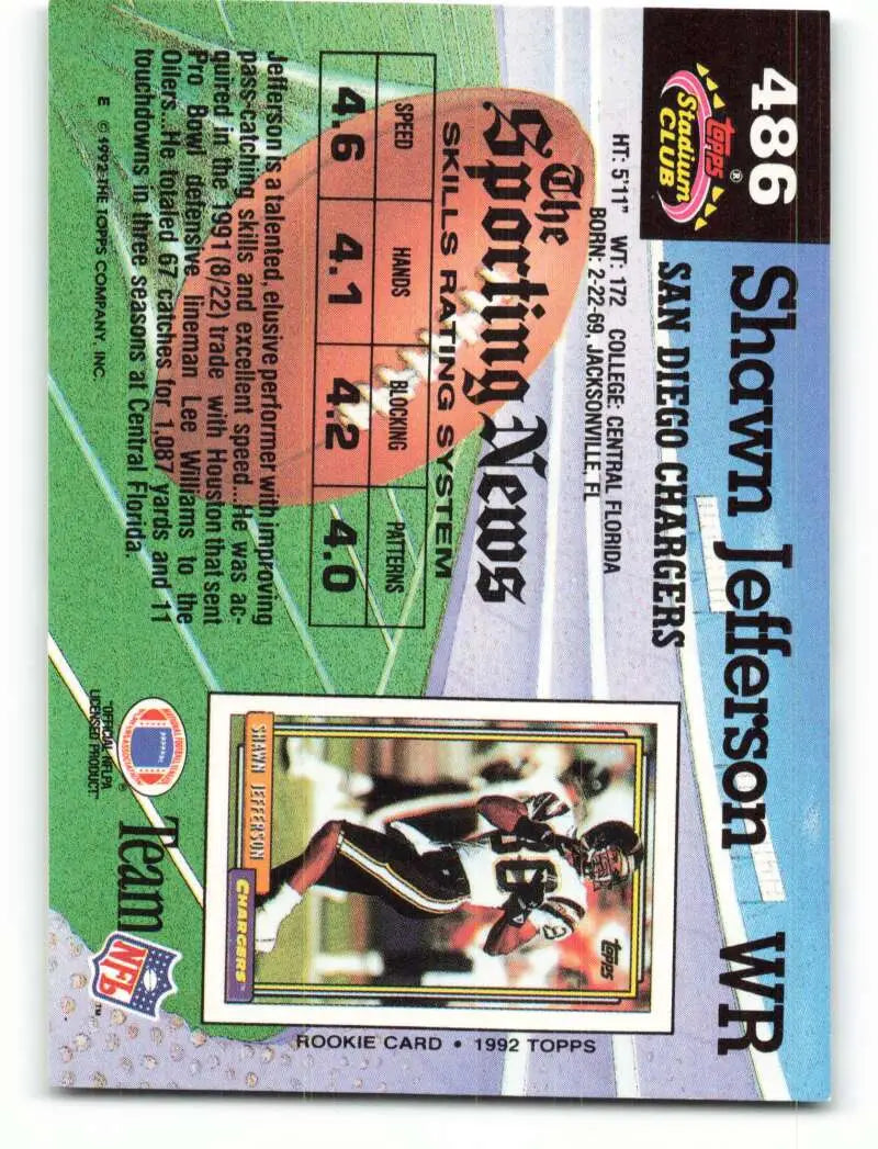 1992 Topps Stadium Club #486 Shawn Jefferson EX Excellent San Diego Chargers Football Card - Football Card Single