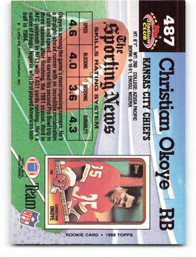 1992 Topps Stadium Club #487 Christian Okoye EX Excellent Kansas City Chiefs Football Card - Football Card Single