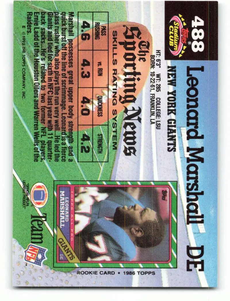 1992 Topps Stadium Club #488 Leonard Marshall EX Excellent New York Giants Football Card - Football Card Single