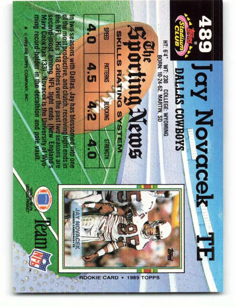 1992 Topps Stadium Club #489 Jay Novacek EX Excellent Dallas Cowboys Football Card - Football Card Single