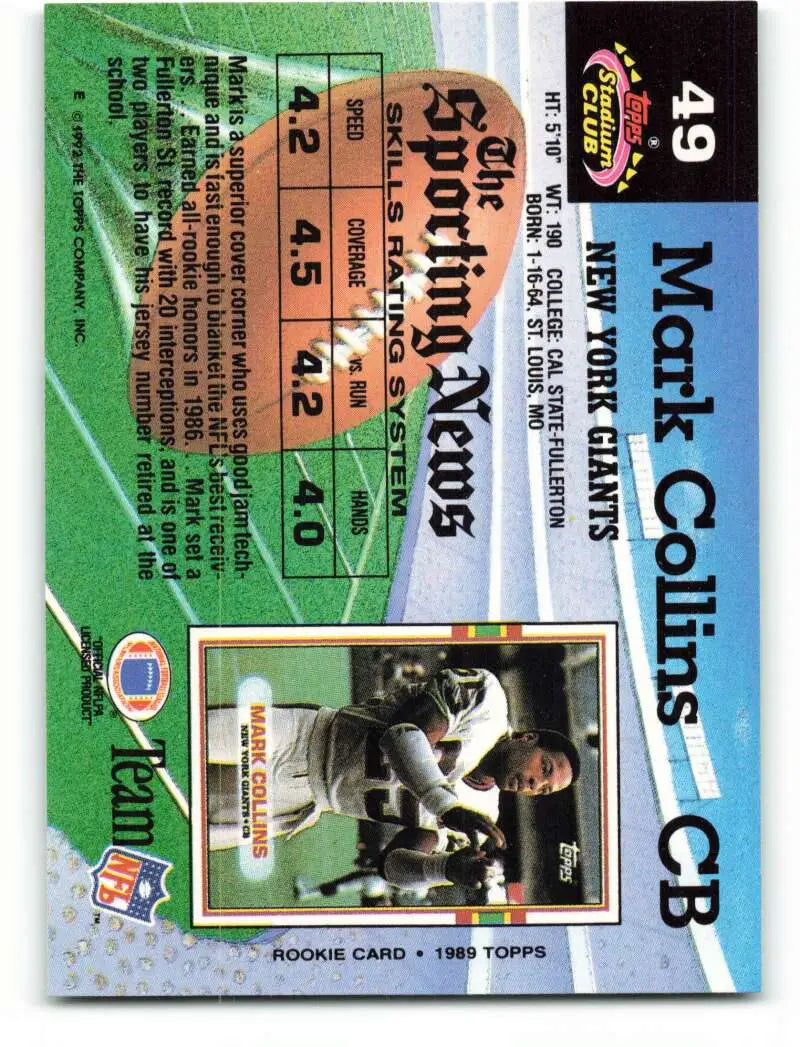 1992 Topps Stadium Club #49 Mark Collins EX Excellent New York Giants Football Card - Football Card Single