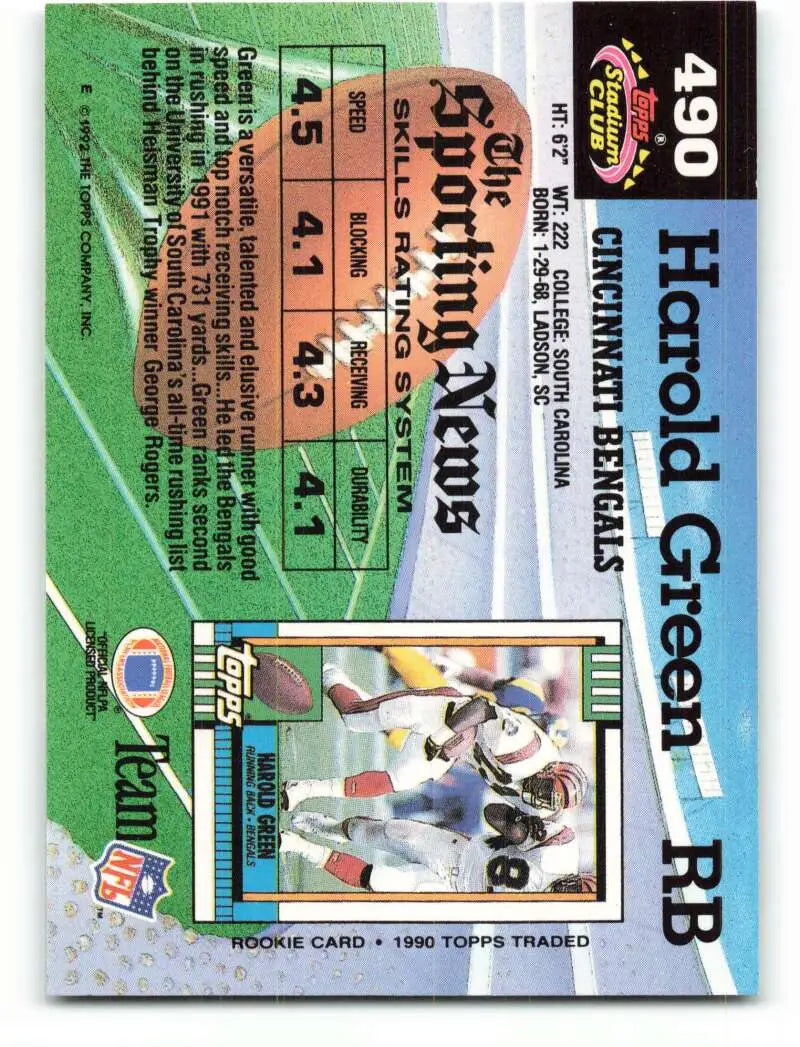 1992 Topps Stadium Club #490 Harold Green EX Excellent Cincinnati Bengals Football Card - Football Card Single