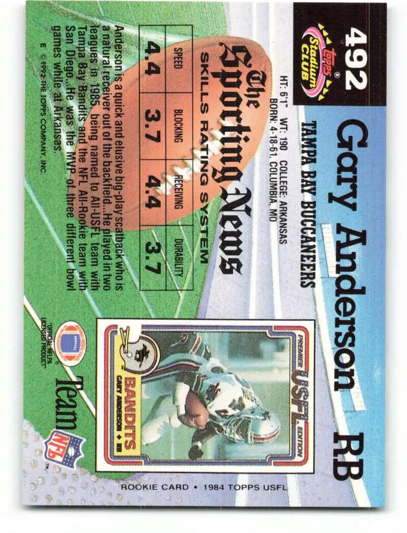 1992 Topps Stadium Club #492 Gary Anderson EX Excellent Tampa Bay Buccaneers Football Card - Football Card Single
