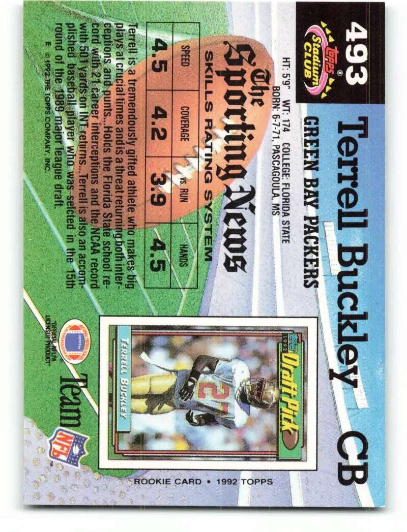 1992 Topps Stadium Club #493 Terrell Buckley EX Excellent RC Rookie Green Bay Packers Football Card - Football Card