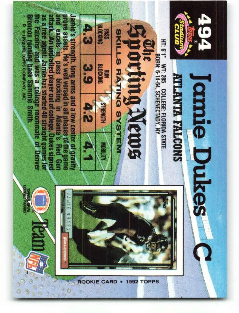 1992 Topps Stadium Club #494 Jamie Dukes EX Excellent RC Rookie Atlanta Falcons Football Card - Football Card Single