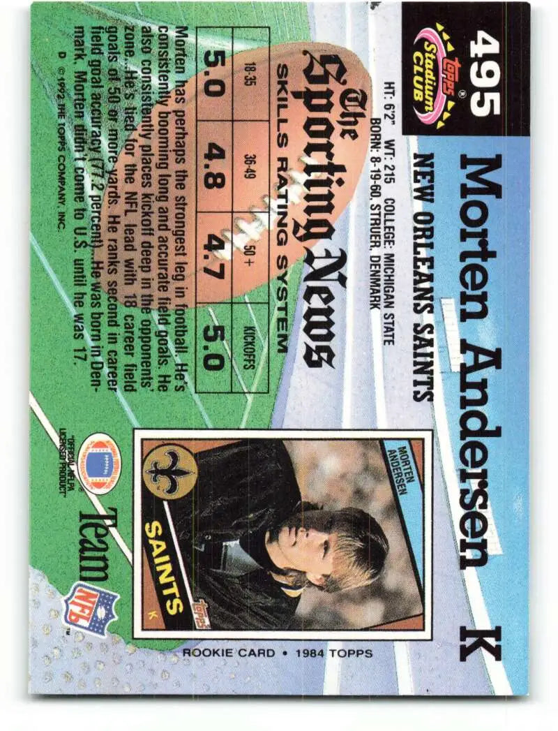 1992 Topps Stadium Club #495 Morten Andersen EX Excellent New Orleans Saints Football Card - Football Card Single
