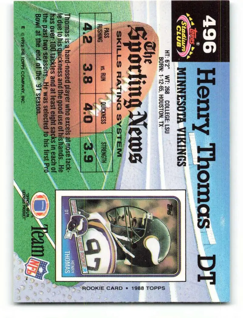 1992 Topps Stadium Club #496 Henry Thomas EX Excellent Minnesota Vikings Football Card - Football Card Single