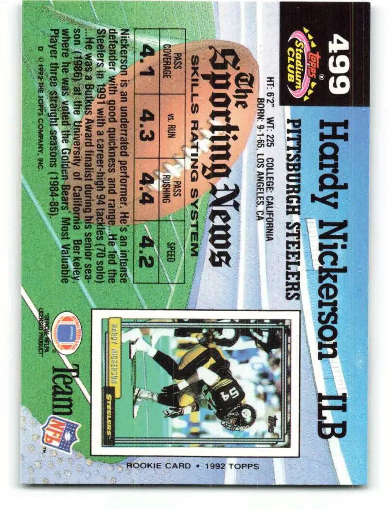 1992 Topps Stadium Club #499 Hardy Nickerson EX Excellent Pittsburgh Steelers Football Card - Football Card Single