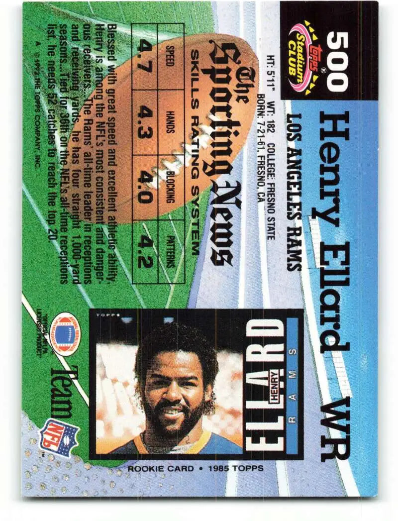 1992 Topps Stadium Club #500 Henry Ellard EX Excellent Los Angeles Rams Football Card - Football Card Single