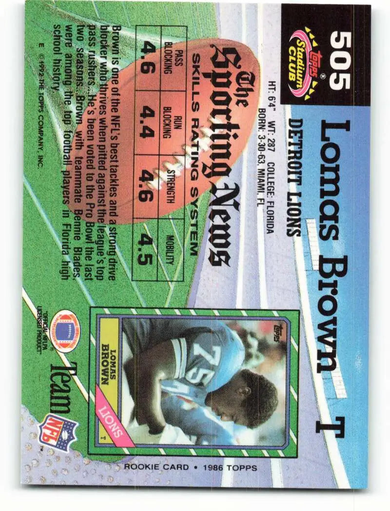 1992 Topps Stadium Club #505 Lomas Brown EX Excellent Detroit Lions Football Card - Football Card Single