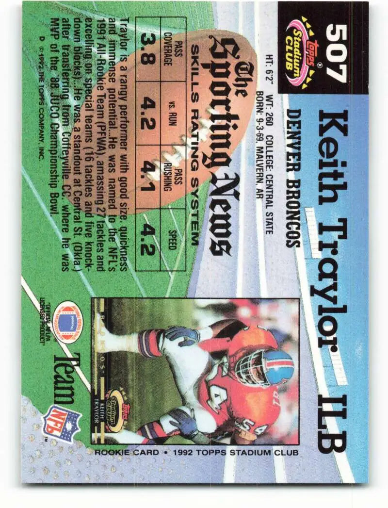 1992 Topps Stadium Club #507 Keith Traylor EX Excellent Denver Broncos Football Card - Football Card Single