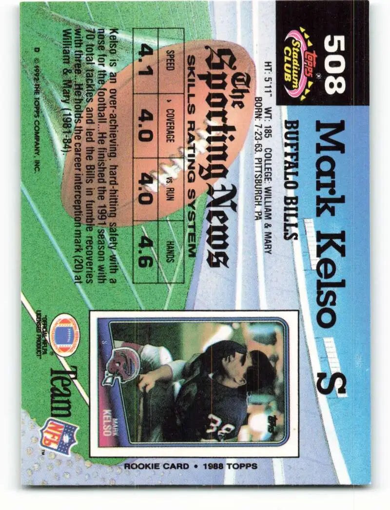1992 Topps Stadium Club #508 Mark Kelso EX Excellent Buffalo Bills Football Card - Football Card Single