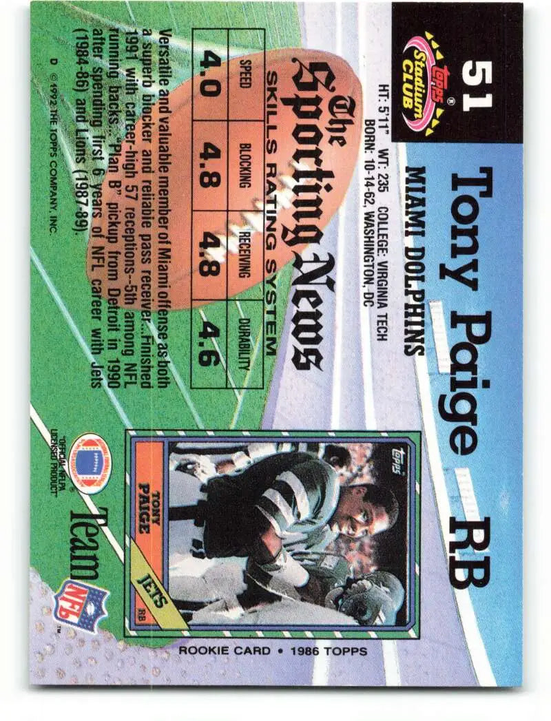 1992 Topps Stadium Club #51 Tony Paige EX Excellent Miami Dolphins Football Card - Football Card Single