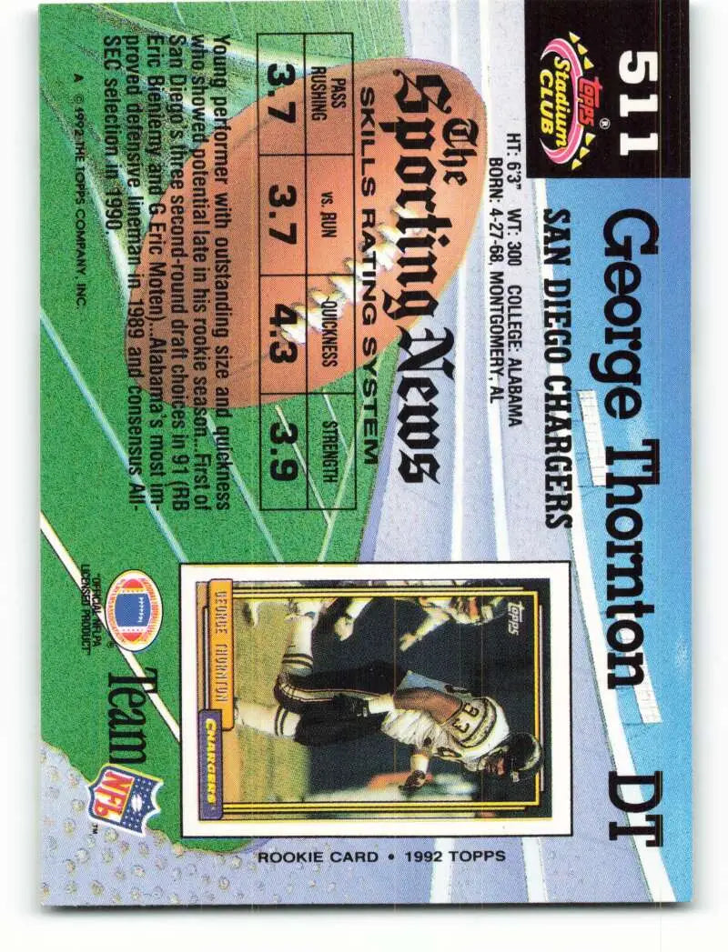 1992 Topps Stadium Club #511 George Thornton EX Excellent San Diego Chargers Football Card - Football Card Single