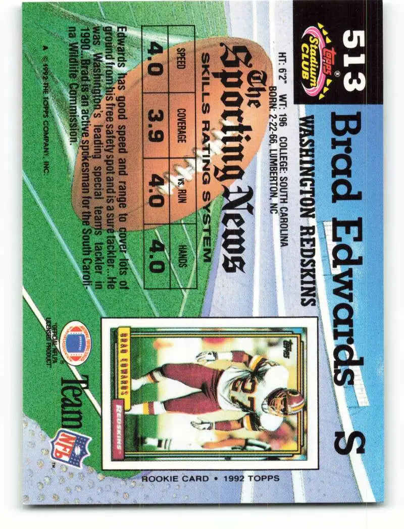 1992 Topps Stadium Club #513 Brad Edwards EX Excellent Washington Redskins Football Card - Football Card Single