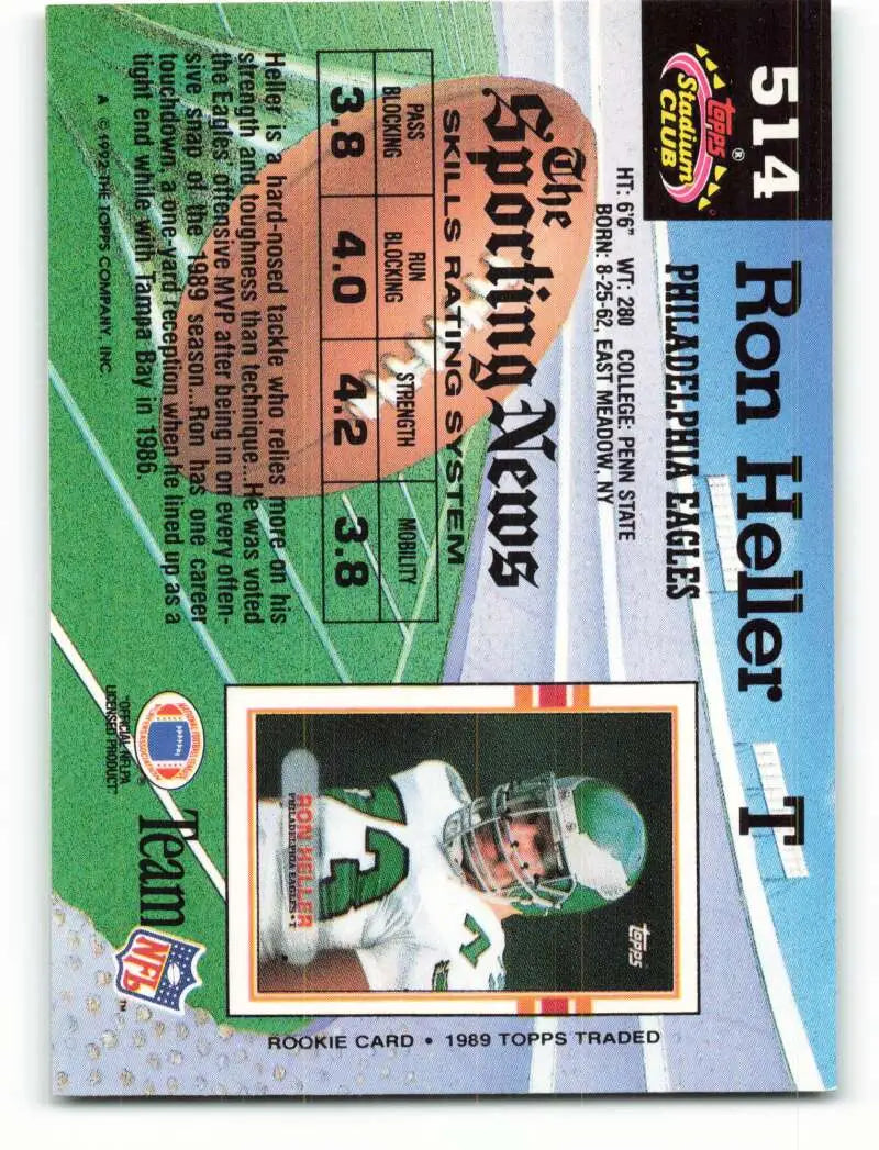 1992 Topps Stadium Club #514 Ron Heller EX Excellent Philadelphia Eagles Football Card - Football Card Single