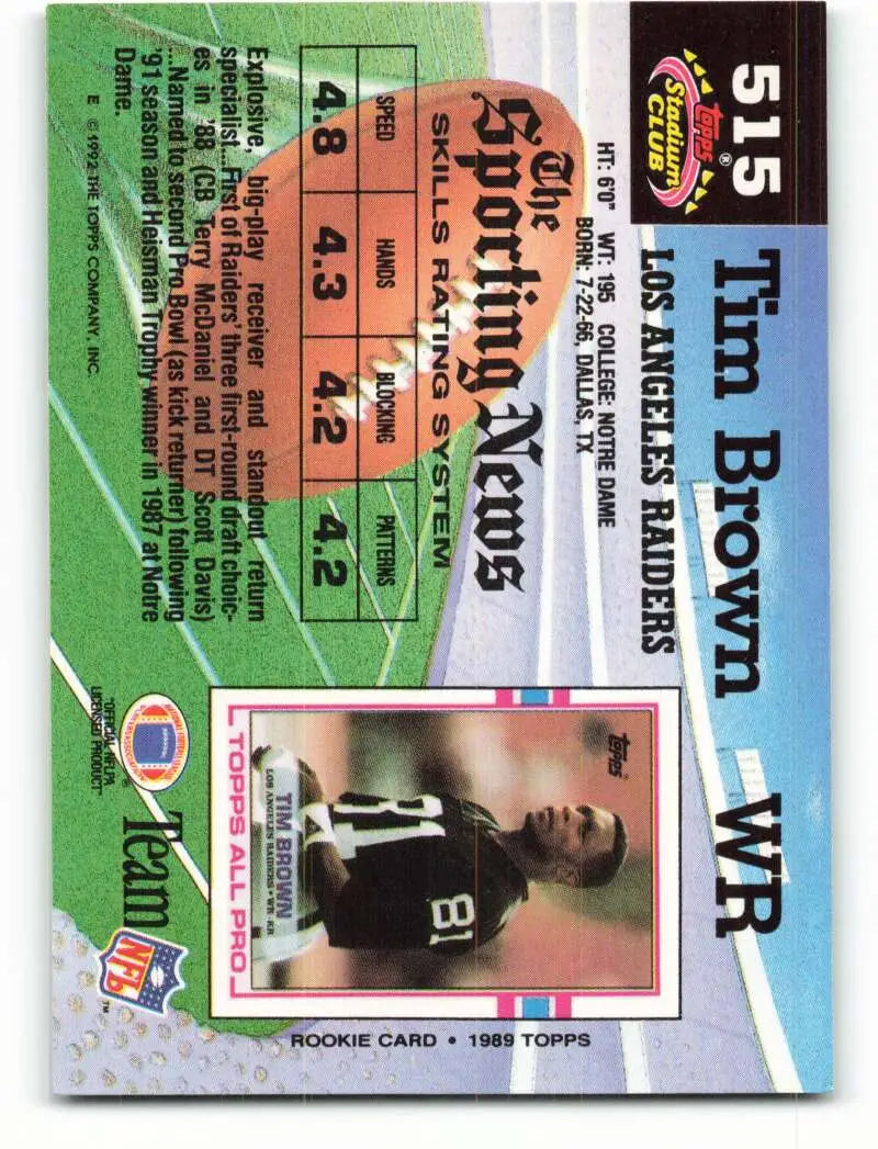 1992 Topps Stadium Club #515 Tim Brown EX Excellent Los Angeles Raiders Football Card - Football Card Single