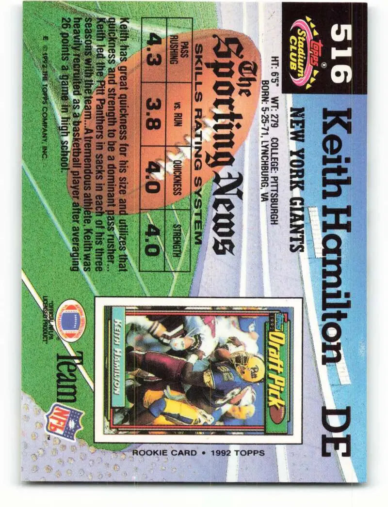 1992 Topps Stadium Club #516 Keith Hamilton EX Excellent RC Rookie New York Giants Football Card - Football Card Single