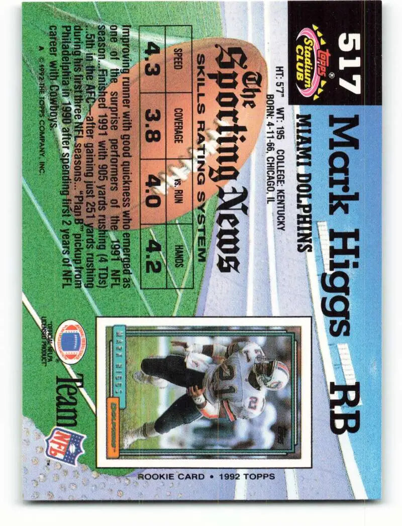 1992 Topps Stadium Club #517 Mark Higgs EX Excellent Miami Dolphins Football Card - Football Card Single