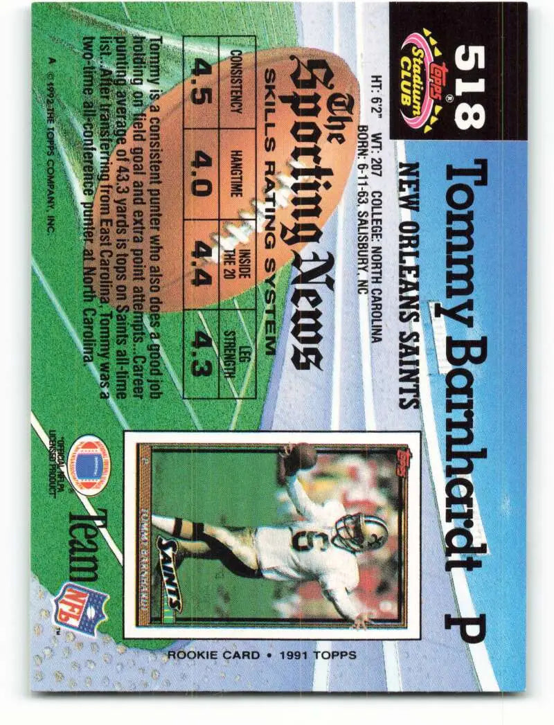 1992 Topps Stadium Club #518 Tommy Barnhardt EX Excellent New Orleans Saints Football Card - Football Card Single