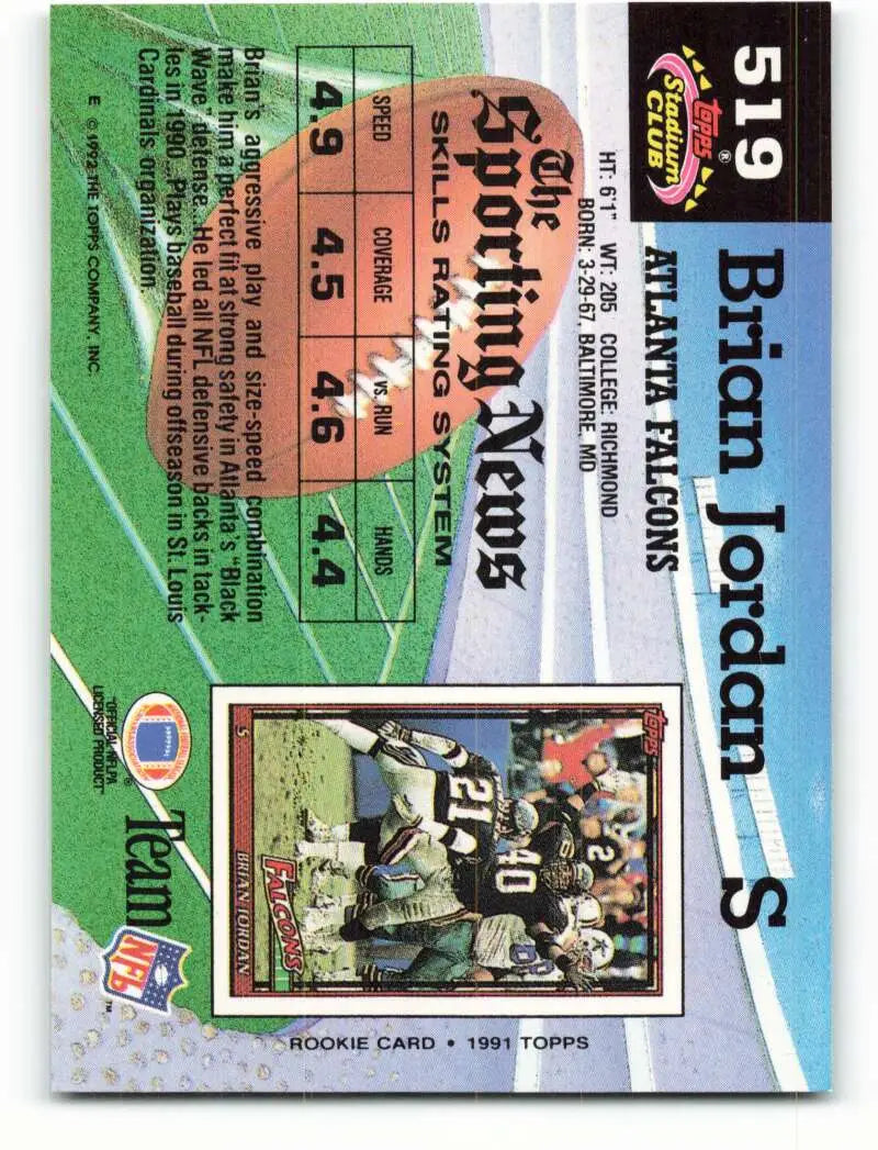1992 Topps Stadium Club #519 Brian Jordan EX Excellent Atlanta Falcons Football Card - Football Card Single