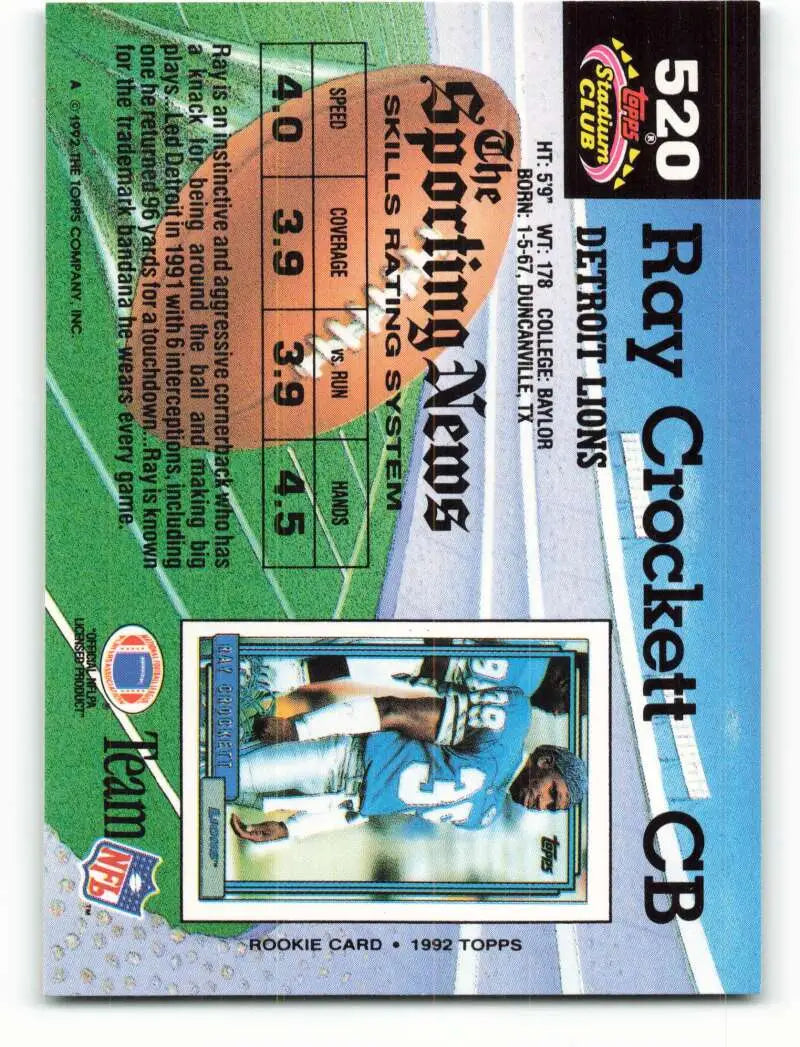 1992 Topps Stadium Club #520 Ray Crockett EX Excellent Detroit Lions Football Card - Football Card Single