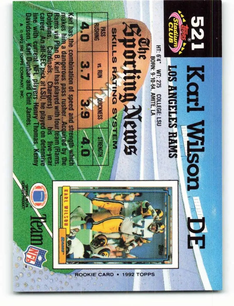 1992 Topps Stadium Club #521 Karl Wilson EX Excellent Los Angeles Rams Football Card - Football Card Single