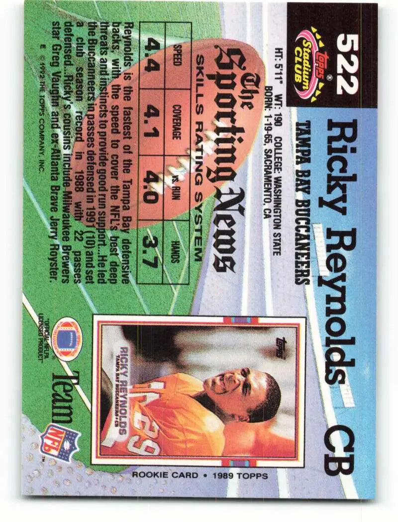 1992 Topps Stadium Club #522 Ricky Reynolds EX Excellent Tampa Bay Buccaneers Football Card - Football Card Single