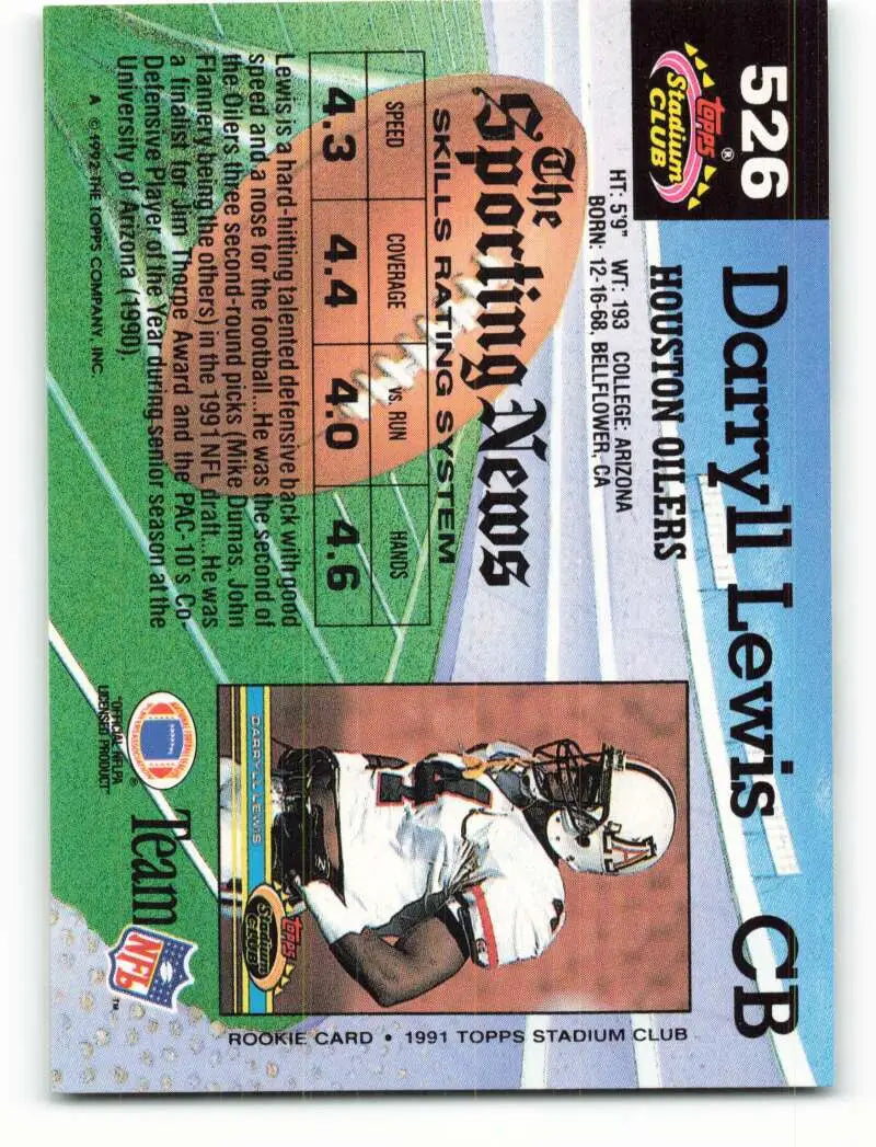 1992 Topps Stadium Club #526 Darryll Lewis EX Excellent Houston Oilers Football Card - Football Card Single