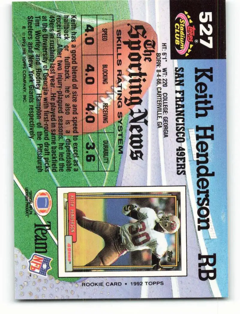 1992 Topps Stadium Club #527 Keith Henderson EX Excellent San Francisco 49ers Football Card - Football Card Single