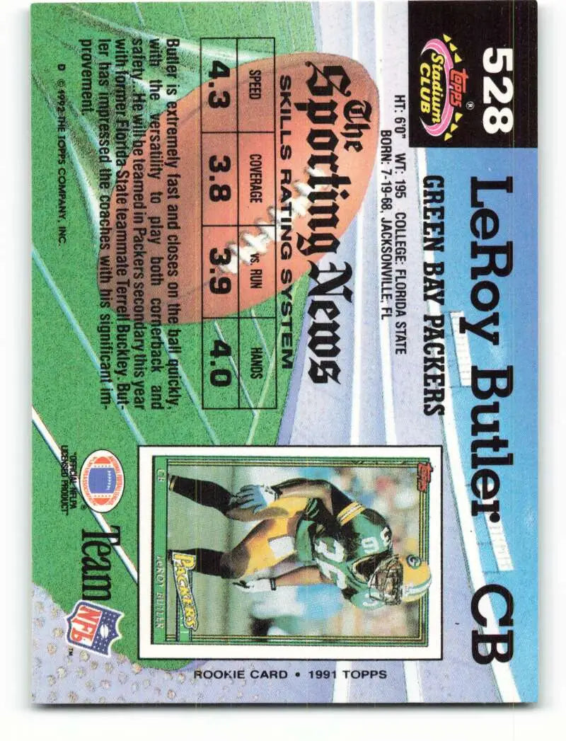 1992 Topps Stadium Club #528 LeRoy Butler EX Excellent Green Bay Packers Football Card - Football Card Single