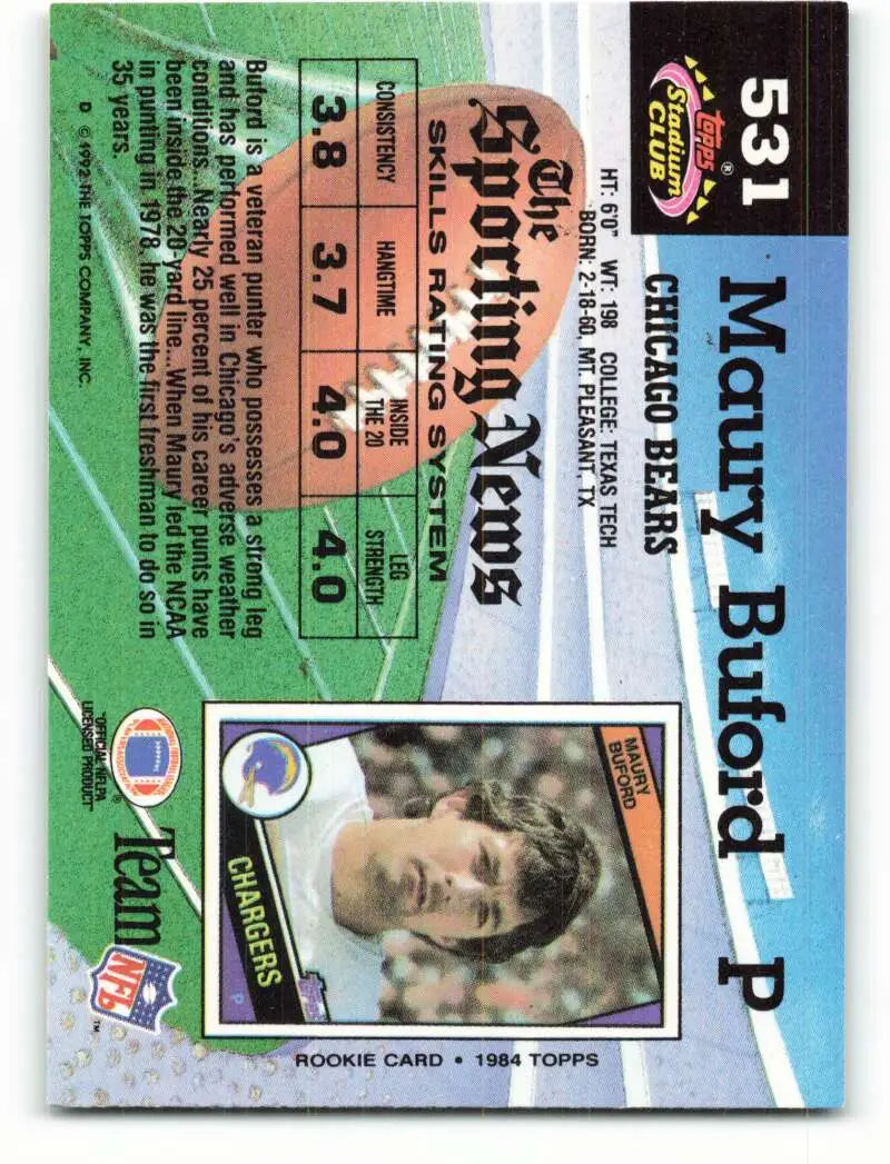 1992 Topps Stadium Club #531 Maury Buford EX Excellent Chicago Bears Football Card - Football Card Single