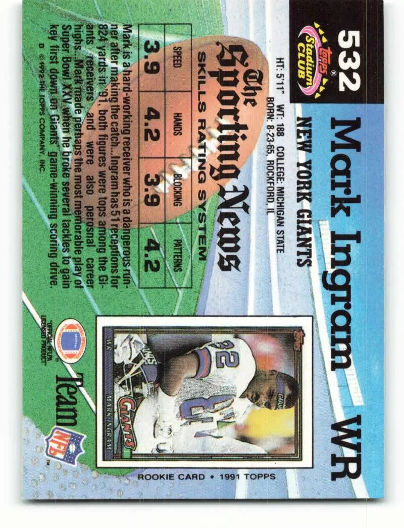 1992 Topps Stadium Club #532 Mark Ingram Sr. EX Excellent New York Giants Football Card - Football Card Single