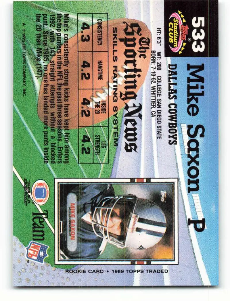 1992 Topps Stadium Club #533 Mike Saxon EX Excellent Dallas Cowboys Football Card - Football Card Single