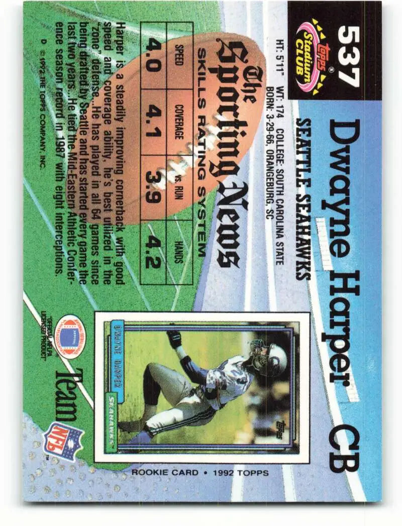 1992 Topps Stadium Club #537 Dwayne Harper EX Excellent Seattle Seahawks Football Card - Football Card Single