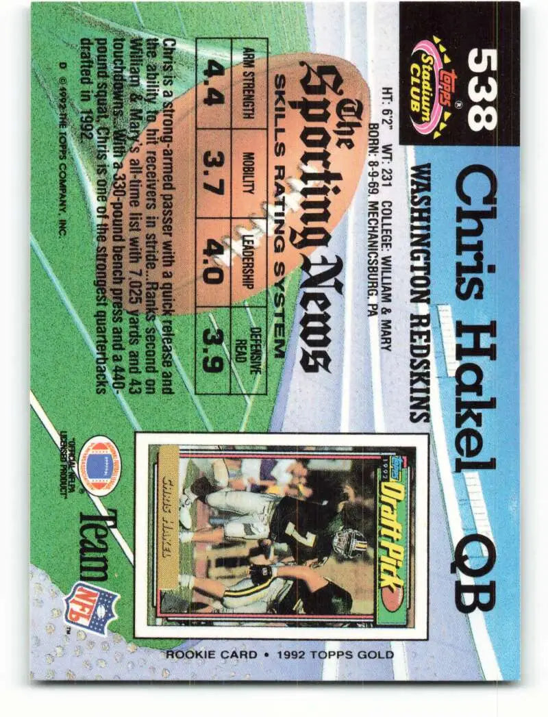 1992 Topps Stadium Club #538 Chris Hakel EX Excellent RC Rookie Washington Redskins Football Card - Football Card Single