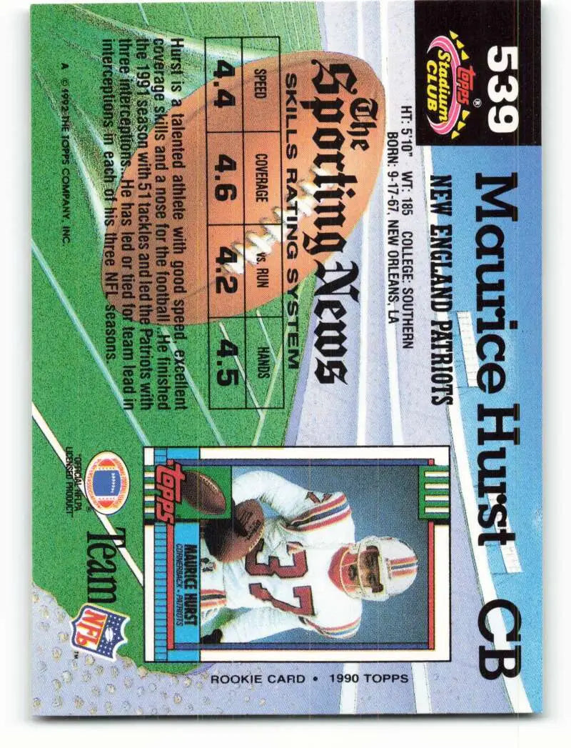 1992 Topps Stadium Club #539 Maurice Hurst EX Excellent New England Patriots Football Card - Football Card Single
