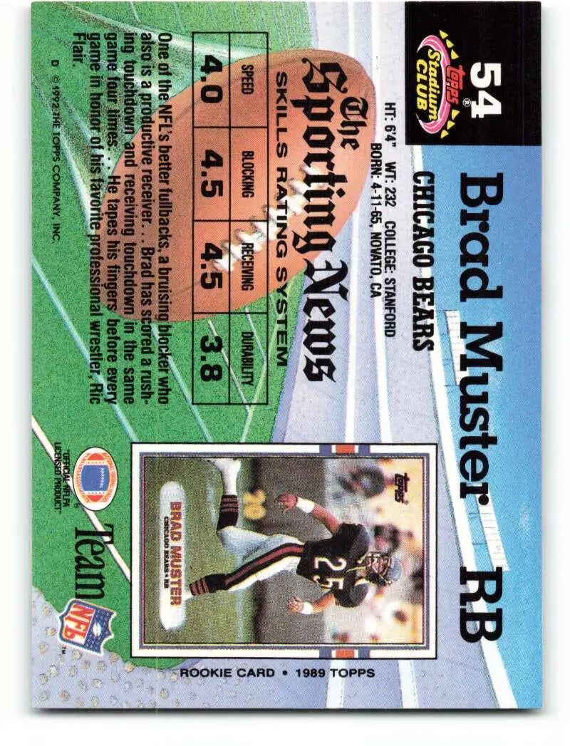 1992 Topps Stadium Club #54 Brad Muster EX Excellent Chicago Bears Football Card - Football Card Single