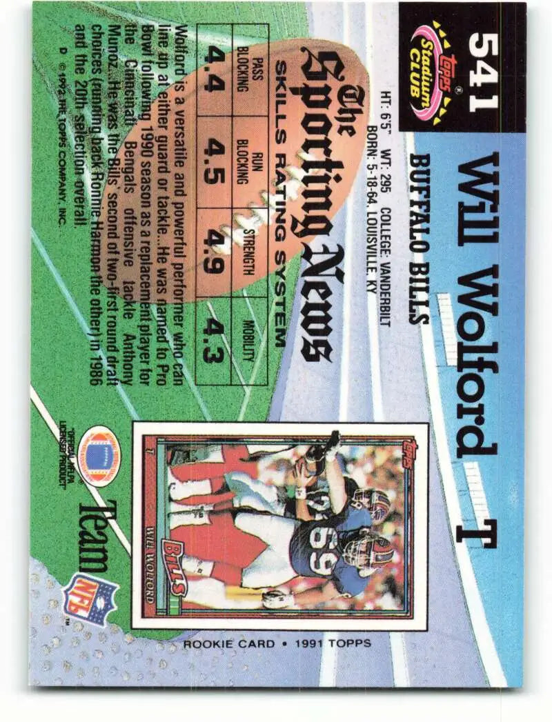 1992 Topps Stadium Club #541 Will Wolford EX Excellent Buffalo Bills Football Card - Football Card Single
