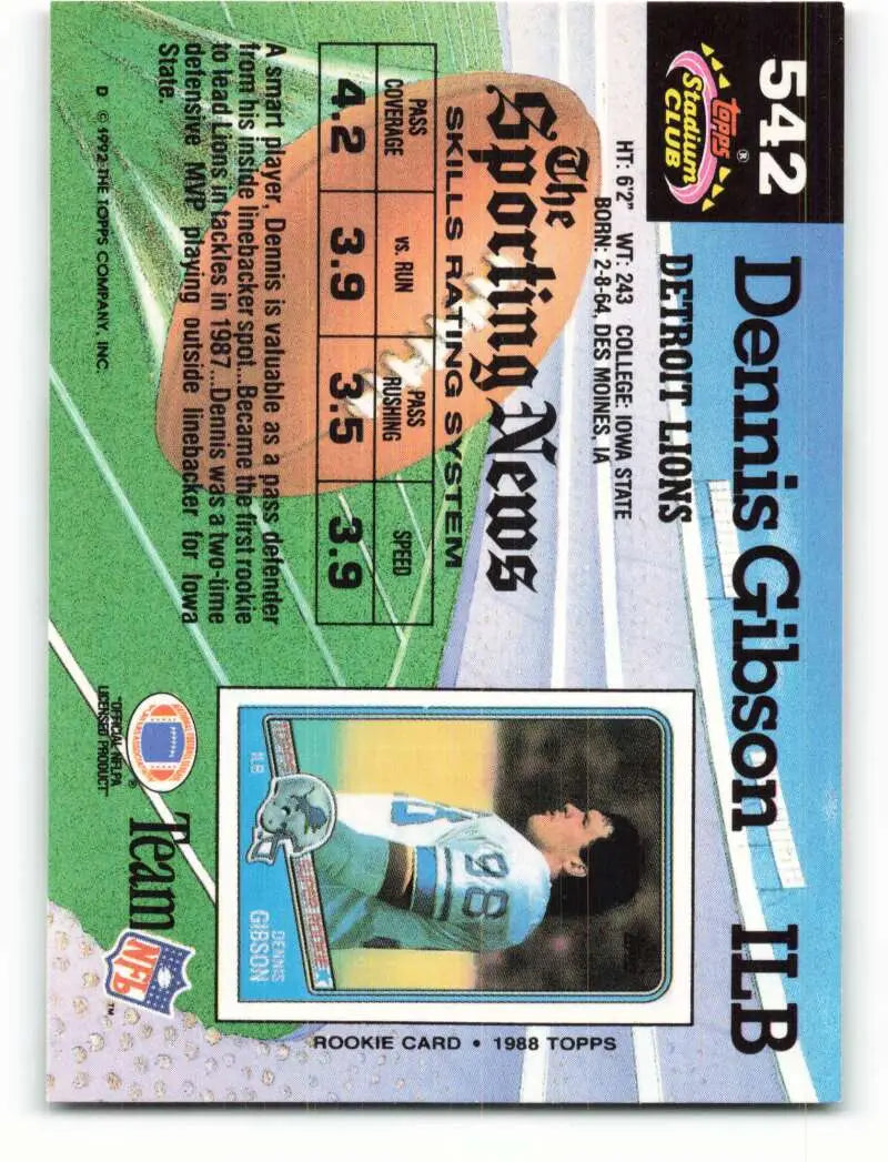 1992 Topps Stadium Club #542 Dennis Gibson EX Excellent Detroit Lions Football Card