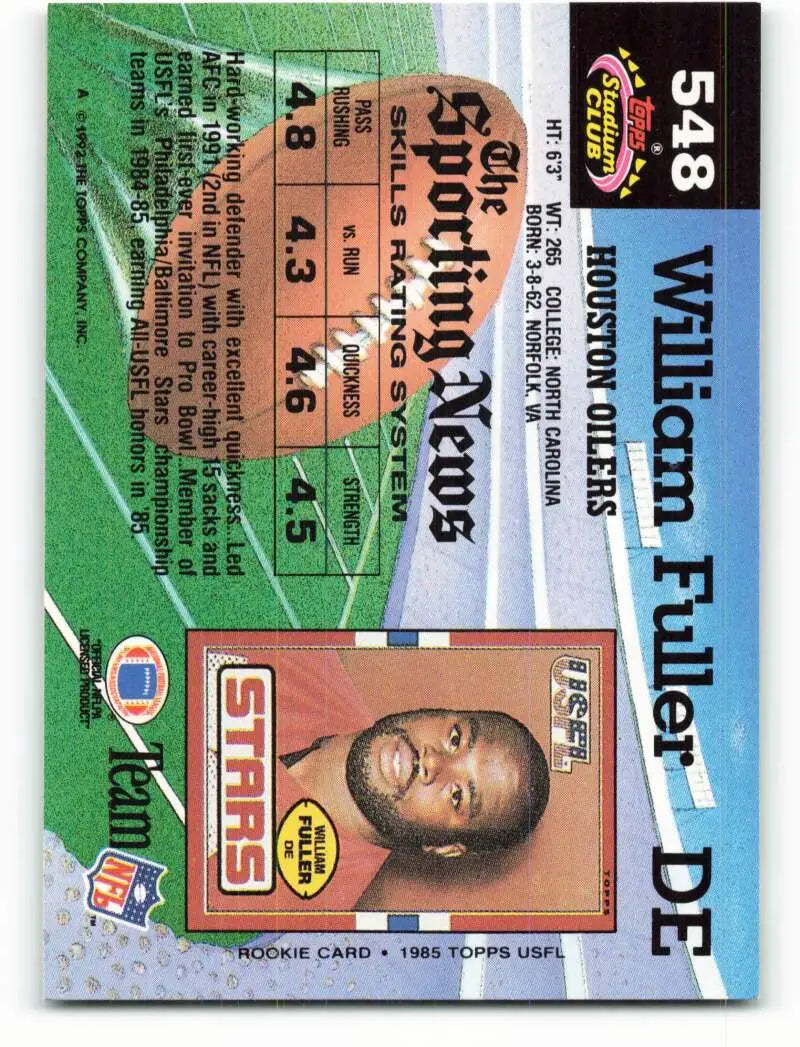 1992 Topps Stadium Club #548 William Fuller EX Excellent Houston Oilers Football Card - Football Card Single