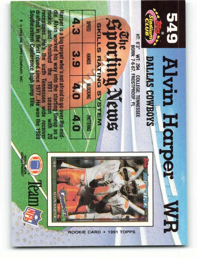 1992 Topps Stadium Club #549 Alvin Harper EX Excellent Dallas Cowboys Football Card - Football Card Single