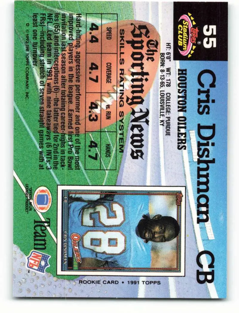 1992 Topps Stadium Club #55 Cris Dishman EX Excellent Houston Oilers Football Card