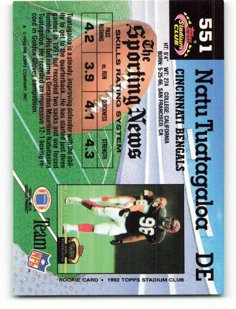 1992 Topps Stadium Club #551 Natu Tuatagaloa EX Excellent RC Rookie Cincinnati Bengals Football Card - Football Card