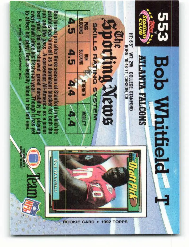 1992 Topps Stadium Club #553 Bob Whitfield EX Excellent RC Rookie Atlanta Falcons Football Card - Football Card Single