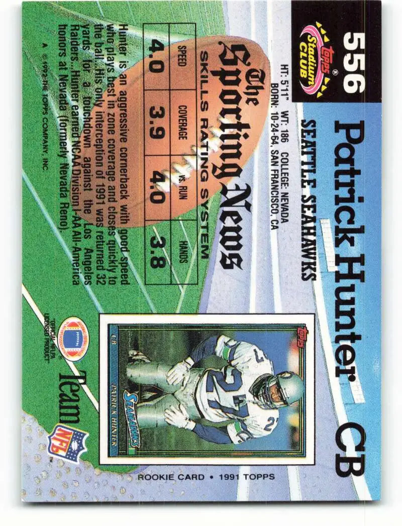 1992 Topps Stadium Club #556 Patrick Hunter EX Excellent Seattle Seahawks Football Card - Football Card Single