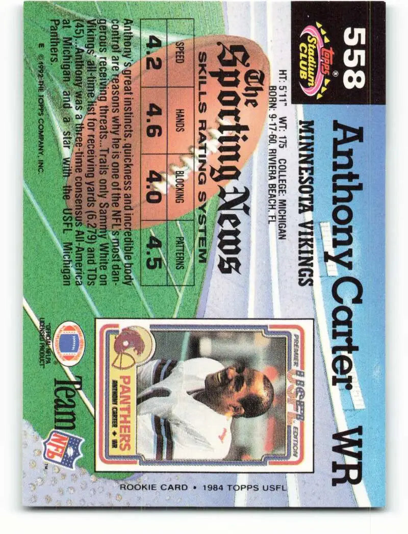 1992 Topps Stadium Club #558 Anthony Carter EX Excellent Minnesota Vikings Football Card - Football Card Single