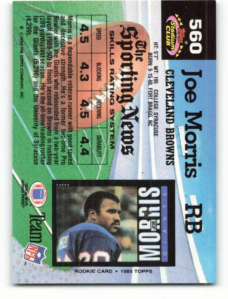 1992 Topps Stadium Club #560 Joe Morris EX Excellent Cleveland Browns Football Card - Football Card Single